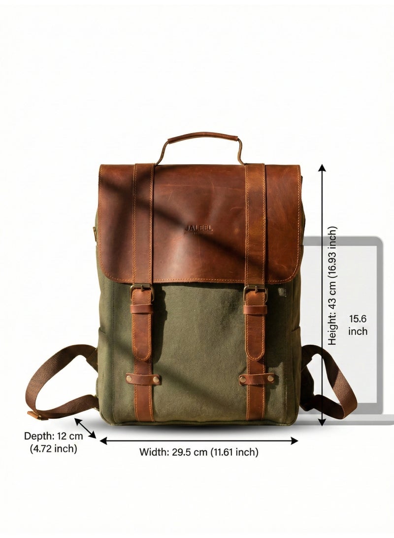 JALEEL Regent City Backpack, Army Green Canvas and Genuine Leather Laptop Bag with Padded Sleeve, Organized Compartments for Work and University - Image 2